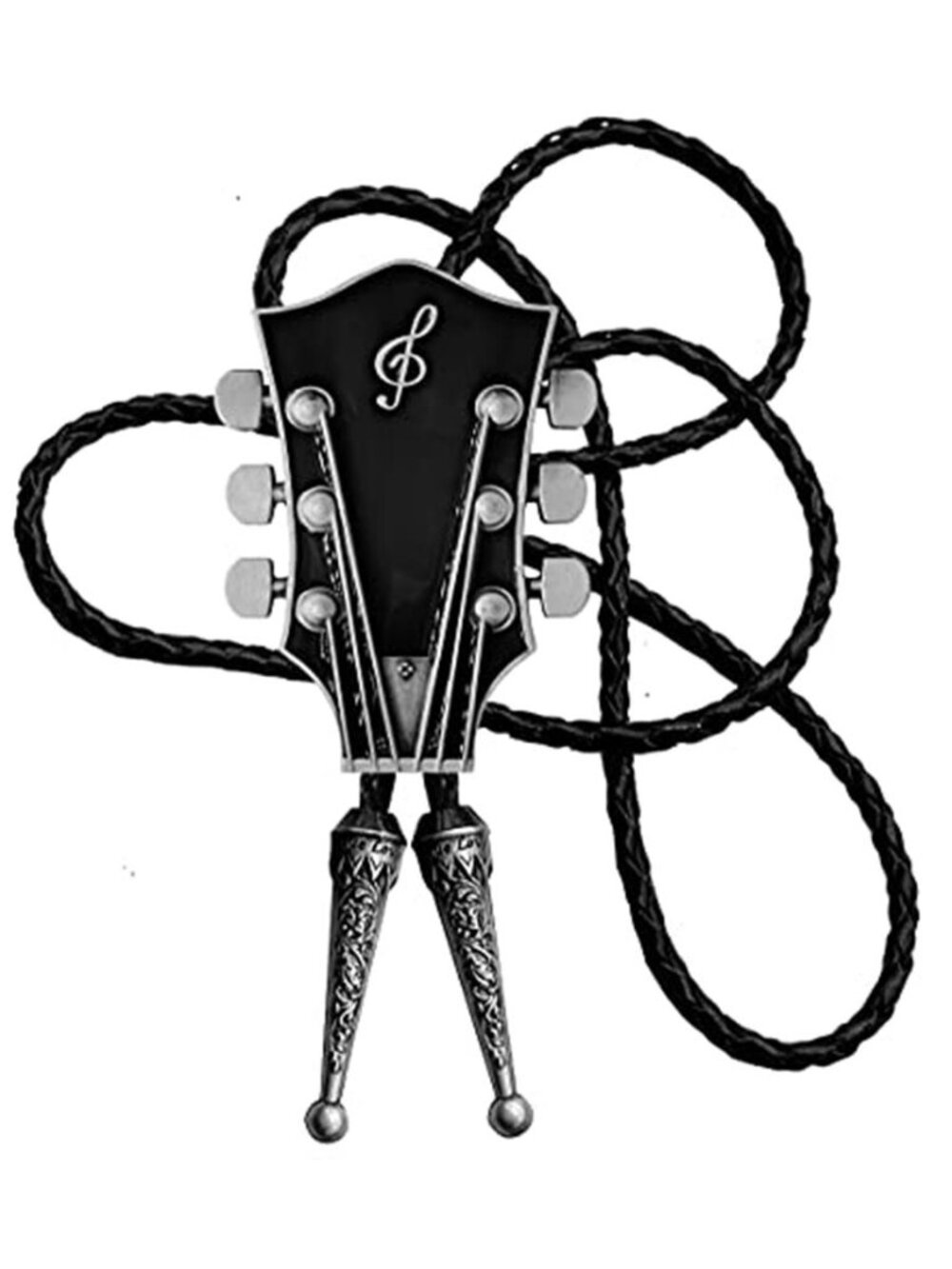 Men's Bolo Tie With Guitar Music Lover Design Cowboy and Genuine Cowhide Rope